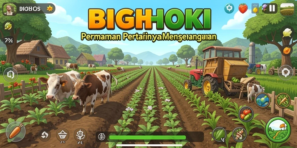 Tampilan gameplay BIGHOKI yang menampilkan pertanian yang seru.
