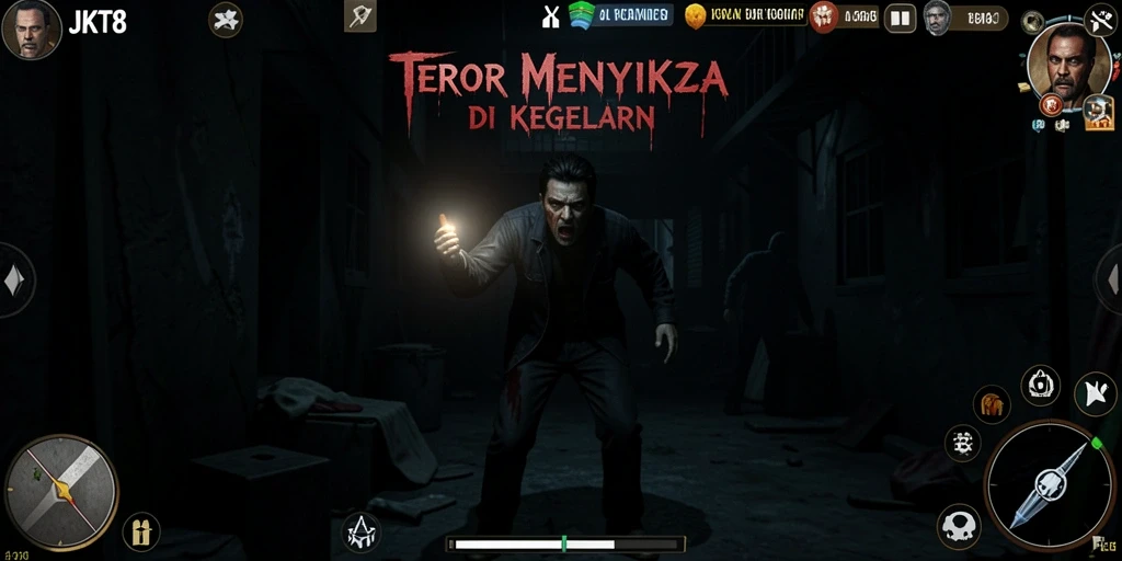 Tangkapan layar gameplay JKT8 yang menampilkan suasana Horror yang mencekam.